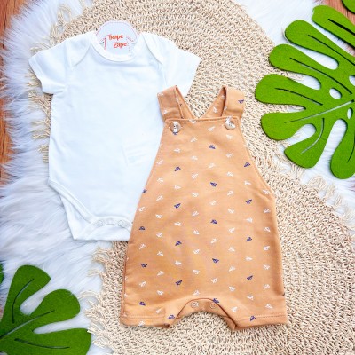 Conj. Body e Jardineira Aviãozinho de Papel - Areia e Off White